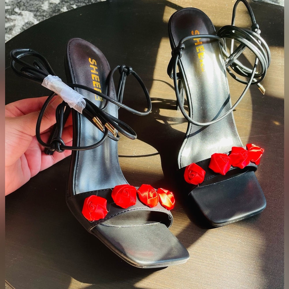 SHEER Black and Red High Heeled Sandals with red roses 🌹 on top
